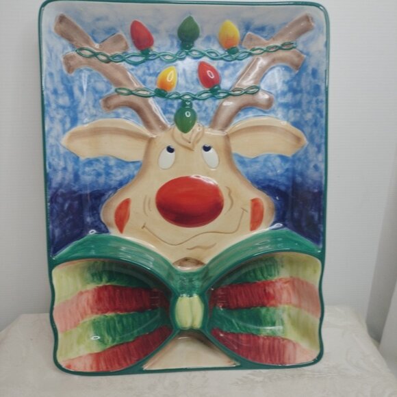 Clay Art Reindeer Chip 'n Dip Platter Christmas Serving Tray Plate (B145) - Picture 1 of 11